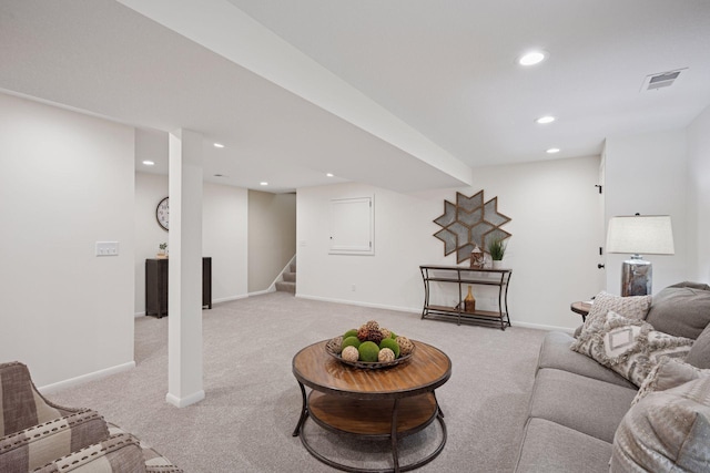 6676 Jason Ave NE, Monticello, MN 55362 - living room with light colored carpet, recessed lighting, and stairs