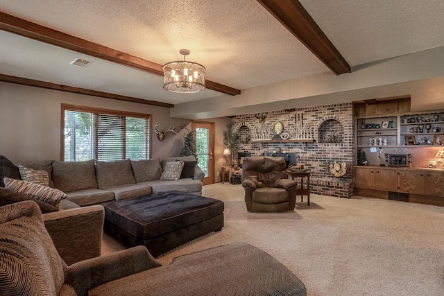 20206 Monks Ave, Mankato, MN 56001 - living room featuring beamed ceiling, a chandelier, a textured ceiling, and carpet flooring