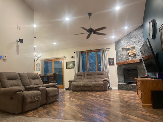 26780 Packard St NE, Athens Twp, MN 55040 - living area featuring a fireplace, ceiling fan, wood finished floors, and recessed lighting