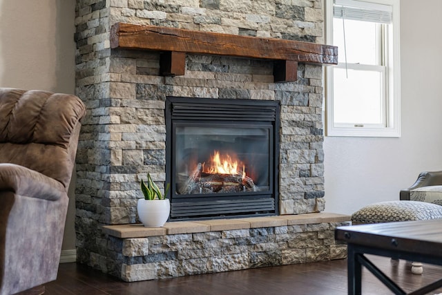 695 Pine Lake Ln, Bone Lake Twp, WI 54837 - detailed view of a stone fireplace and wood finished floors