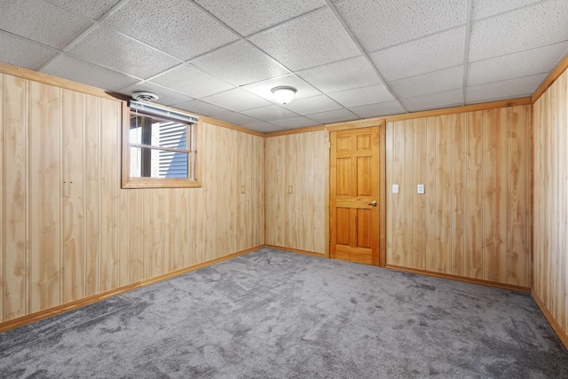 695 Pine Lake Ln, Bone Lake Twp, WI 54837 - below grade area with carpet floors, a drop ceiling, and wooden walls
