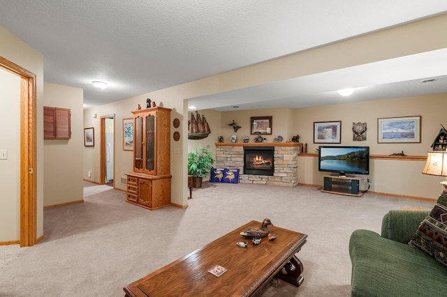9855 Kadler Ave NE, Otsego, MN 55362 - carpeted living area featuring baseboards and a stone fireplace