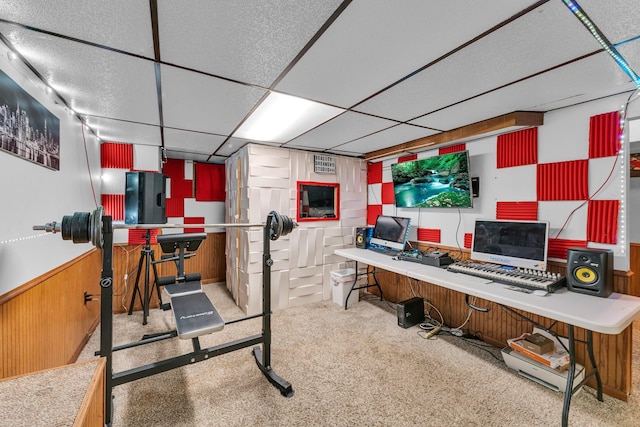 5215 Washburn Ave N, Minneapolis, MN 55430 - carpeted office space featuring wood walls, a wainscoted wall, and a drop ceiling