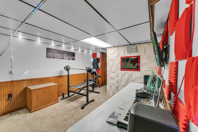 5215 Washburn Ave N, Minneapolis, MN 55430 - workout room with a drop ceiling, a wainscoted wall, and wood walls