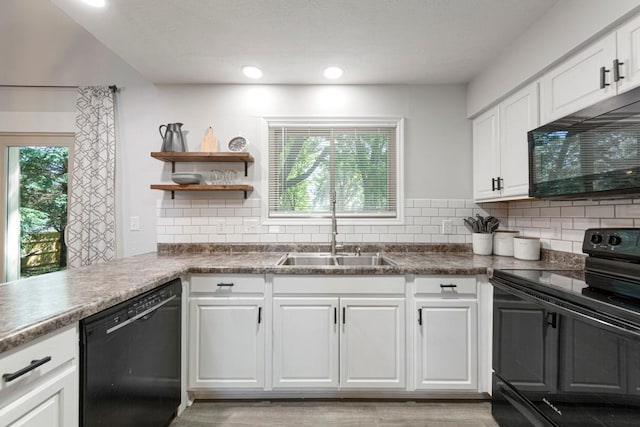 2585 3rd Ave NE, Owatonna, MN 55060 - kitchen featuring black appliances, white cabinetry, backsplash, open shelves, and recessed lighting