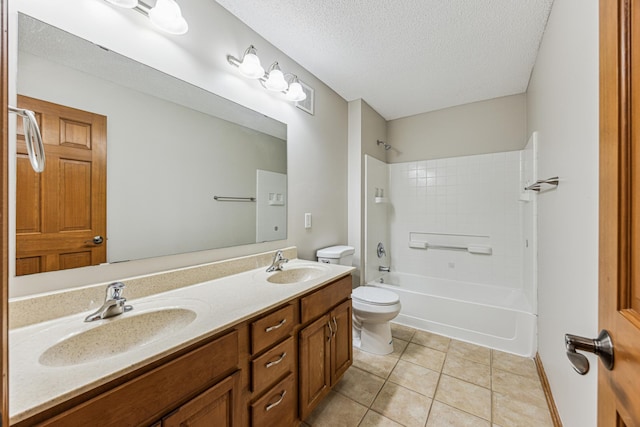 6773 Urbandale Ln N, Maple Grove, MN 55311 - full bathroom featuring double vanity, tile patterned floors, shower / bathtub combination, and a textured ceiling