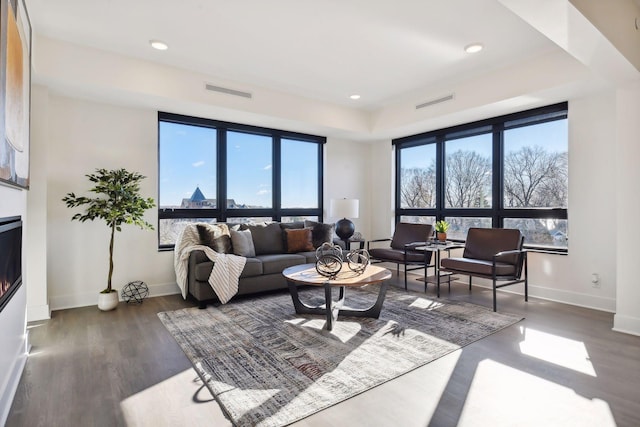 222 Ferndale Rd S, Wayzata, MN 55391 - living room featuring wood finished floors, a fireplace, recessed lighting, and a raised ceiling