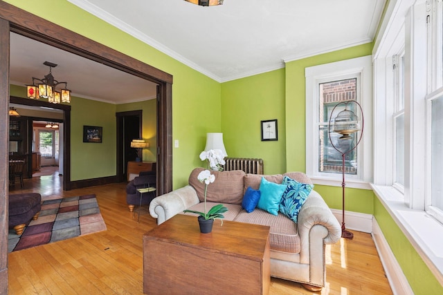 1725 Hague Ave Unit 4, Saint Paul, MN 55104 - living area featuring light wood-style flooring, radiator heating unit, and crown molding