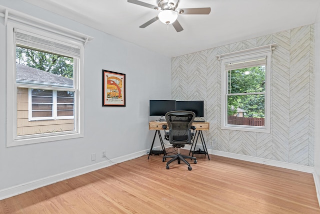 957 Hall Ave W, Saint Paul, MN 55118 - home office featuring wallpapered walls, healthy amount of natural light, light wood-type flooring, an accent wall, and ceiling fan