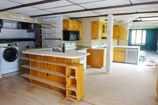 2332 7th St, Superior, WI 54880 - kitchen with washer / dryer, black microwave, electric stove, and open shelves