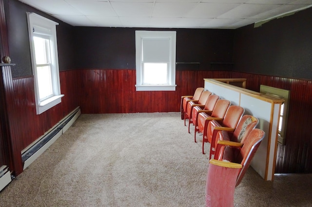 2332 7th St, Superior, WI 54880 - living area featuring a wainscoted wall, wood walls, baseboard heating, and carpet