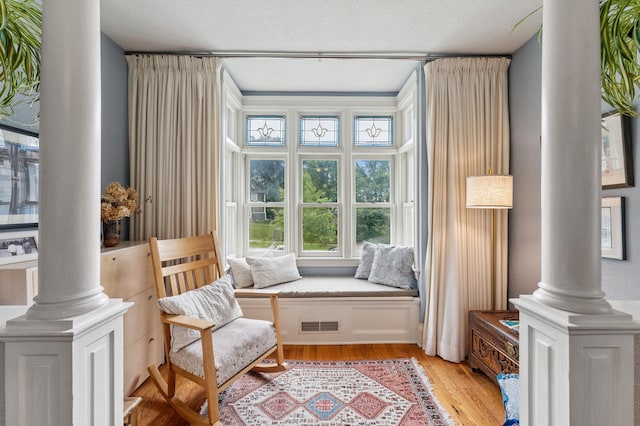 2145 Knapp St, Saint Paul, MN 55108 - living area featuring decorative columns and light wood finished floors
