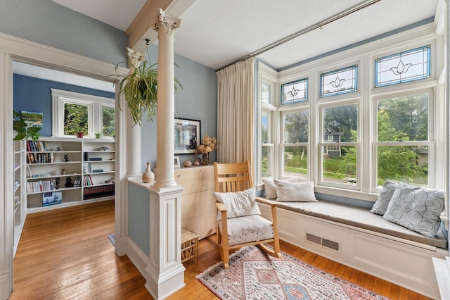 2145 Knapp St, Saint Paul, MN 55108 - living area featuring ornate columns, healthy amount of natural light, light wood-style floors, and a textured ceiling