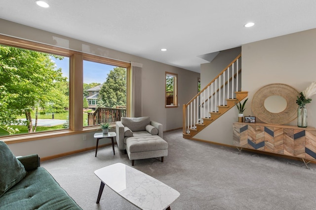3933 Donegal Way, Eagan, MN 55122 - living room with carpet floors, recessed lighting, and stairway
