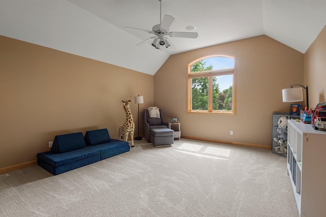 3933 Donegal Way, Eagan, MN 55122 - living area with lofted ceiling, ceiling fan, and light colored carpet