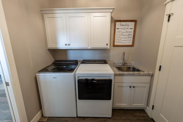 695 Marcus Pl NE, Byron, MN 55920 - washroom featuring cabinet space, washing machine and clothes dryer, and dark wood-style flooring
