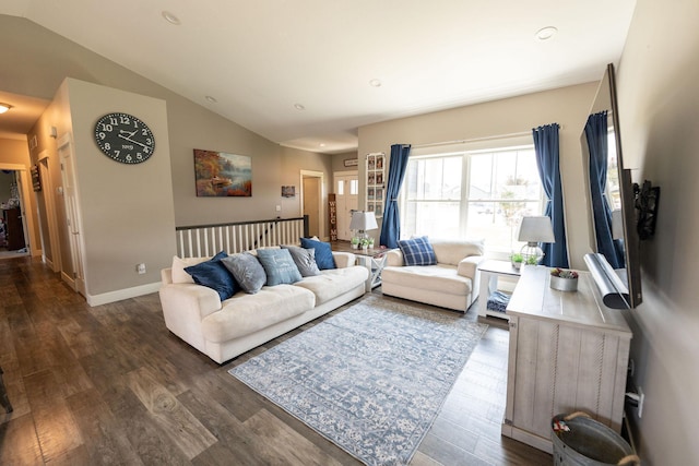 695 Marcus Pl NE, Byron, MN 55920 - living area with vaulted ceiling, dark wood-style floors, and recessed lighting