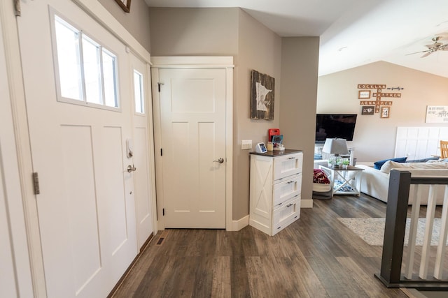 695 Marcus Pl NE, Byron, MN 55920 - foyer entrance with dark wood finished floors, vaulted ceiling, and a ceiling fan