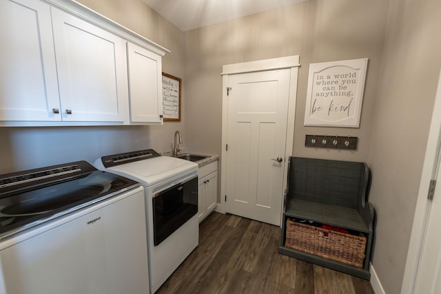 695 Marcus Pl NE, Byron, MN 55920 - laundry area with separate washer and dryer, cabinet space, and dark wood finished floors