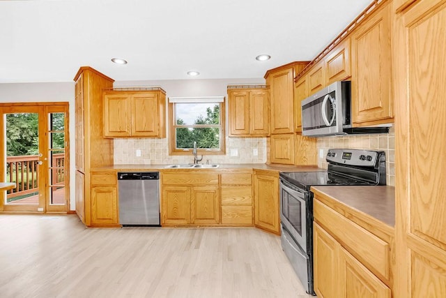 1420 17th St W, Hastings, MN 55033 - kitchen featuring appliances with stainless steel finishes, light wood-style flooring, backsplash, recessed lighting, and light countertops