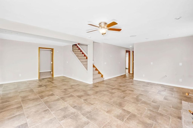 1420 17th St W, Hastings, MN 55033 - unfurnished living room with stairs, ceiling fan, recessed lighting, and light tile patterned floors