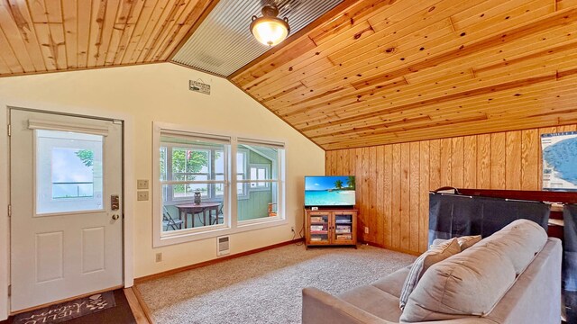 12833 Twilight Rd, South Harbor Twp, MN 56359 - living area with lofted ceiling, carpet floors, wooden ceiling, and wood walls