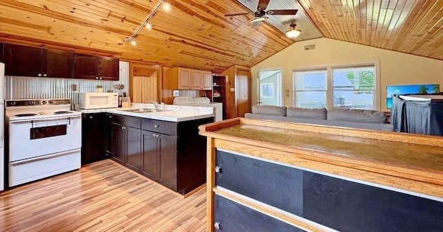 12833 Twilight Rd, South Harbor Twp, MN 56359 - kitchen with white appliances, vaulted ceiling, light wood finished floors, a ceiling fan, and light countertops