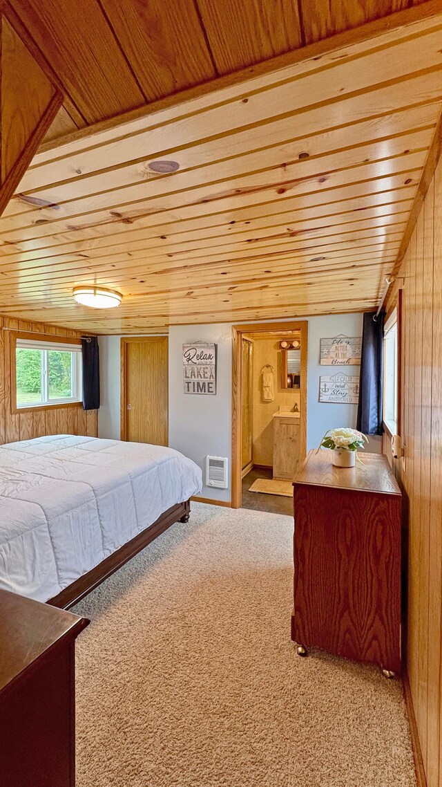 12833 Twilight Rd, South Harbor Twp, MN 56359 - bedroom featuring wooden ceiling, carpet floors, wood walls, and ensuite bath