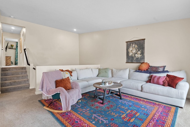 8468 Gateway Cir, Monticello, MN 55362 - living room with carpet floors, stairs, and recessed lighting