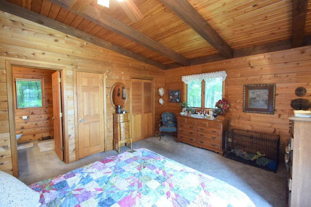28716 Kilkare Rd, Danbury, WI 54830 - carpeted bedroom with wood walls and wood ceiling