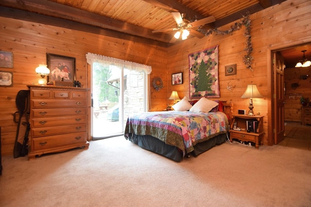 28716 Kilkare Rd, Danbury, WI 54830 - bedroom with access to outside, wooden walls, carpet, a wooden ceiling with exposed beams, and a ceiling fan