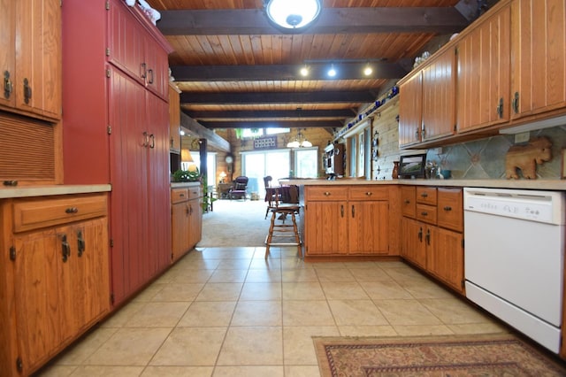 28716 Kilkare Rd, Danbury, WI 54830 - kitchen with white dishwasher, wood ceiling, light countertops, a peninsula, and light tile patterned floors