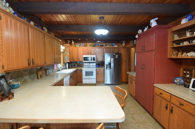 28716 Kilkare Rd, Danbury, WI 54830 - kitchen with white appliances, light countertops, a wood ceiling with exposed beams, a peninsula, and decorative backsplash