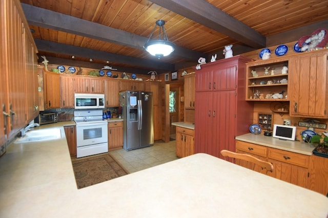 28716 Kilkare Rd, Danbury, WI 54830 - kitchen with white appliances, light countertops, open shelves, light flooring, and a wooden ceiling with exposed beams