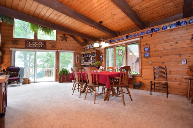 28716 Kilkare Rd, Danbury, WI 54830 - carpeted dining room featuring wooden walls and wooden ceiling