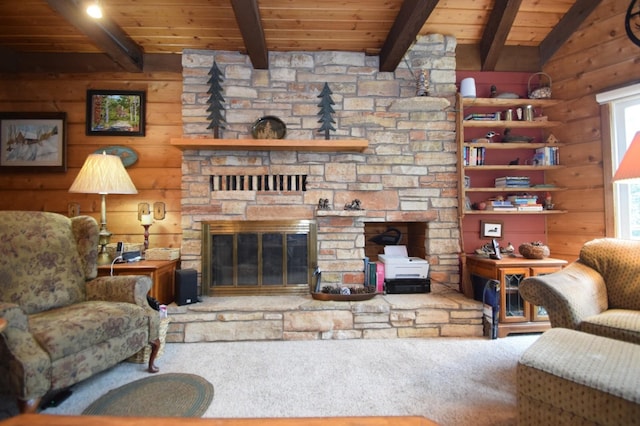 28716 Kilkare Rd, Danbury, WI 54830 - carpeted living room featuring a wooden ceiling with exposed beams and a fireplace