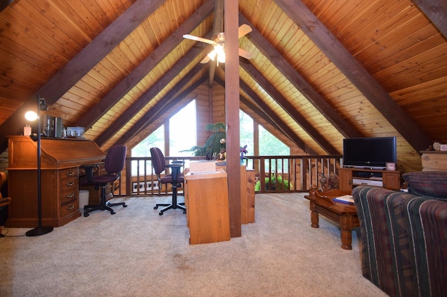 28716 Kilkare Rd, Danbury, WI 54830 - carpeted office space with wooden ceiling, healthy amount of natural light, and ceiling fan