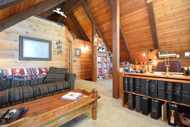 28716 Kilkare Rd, Danbury, WI 54830 - living area with wood walls, carpet floors, and wooden ceiling