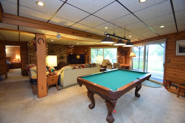 28716 Kilkare Rd, Danbury, WI 54830 - game room with carpet flooring, billiards table, a drop ceiling, recessed lighting, and wooden walls