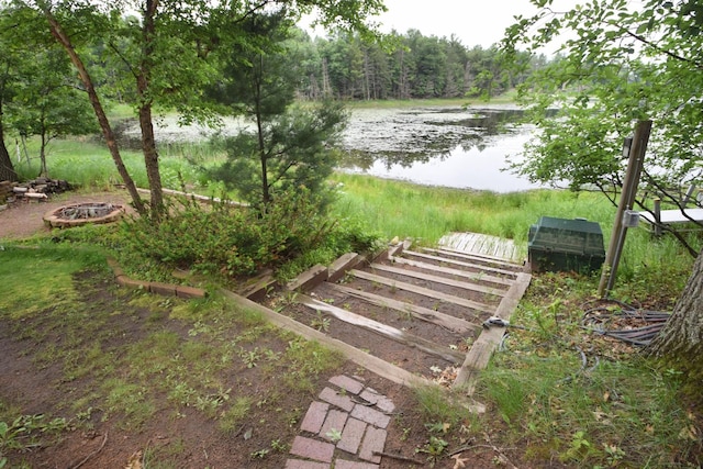 28716 Kilkare Rd, Danbury, WI 54830 - view of yard featuring a water view, an outdoor fire pit, and a wooded view