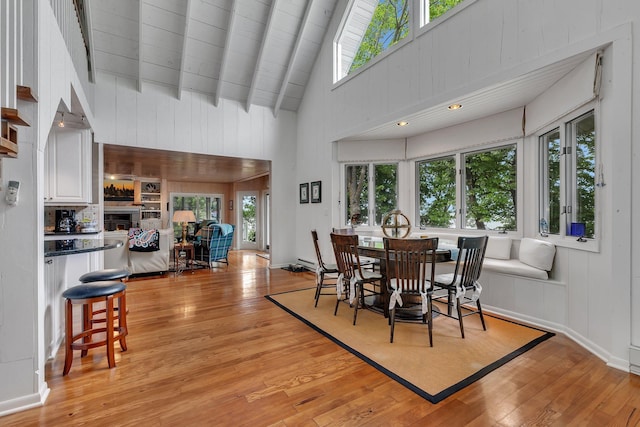 13188 Chicago Club Ln NE, Alexandria, MN 56308 - dining area with high vaulted ceiling, light wood-style flooring, a lit fireplace, and wooden walls