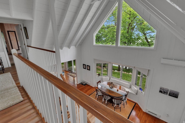 13188 Chicago Club Ln NE, Alexandria, MN 56308 - hall featuring a baseboard radiator, plenty of natural light, wood finished floors, beam ceiling, and high vaulted ceiling