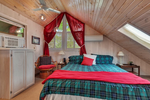 13188 Chicago Club Ln NE, Alexandria, MN 56308 - bedroom featuring vaulted ceiling, a wall mounted AC, a skylight, wood ceiling, and cooling unit