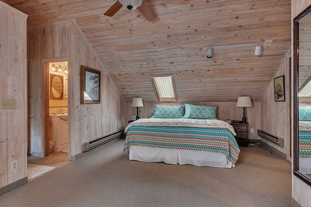 13188 Chicago Club Ln NE, Alexandria, MN 56308 - bedroom with a baseboard radiator, wood ceiling, vaulted ceiling, wooden walls, and carpet flooring