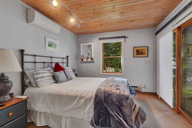 13188 Chicago Club Ln NE, Alexandria, MN 56308 - bedroom with a wall mounted AC, wood ceiling, track lighting, carpet flooring, and a baseboard heating unit
