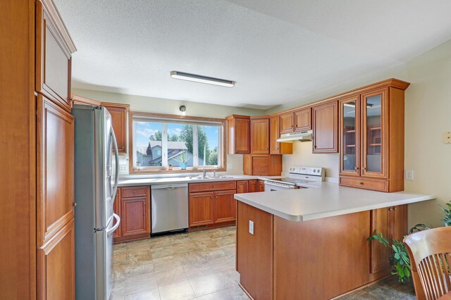 205 4th St NW, Saint Michael, MN 55376 - kitchen with stainless steel appliances, under cabinet range hood, a peninsula, brown cabinets, and light countertops