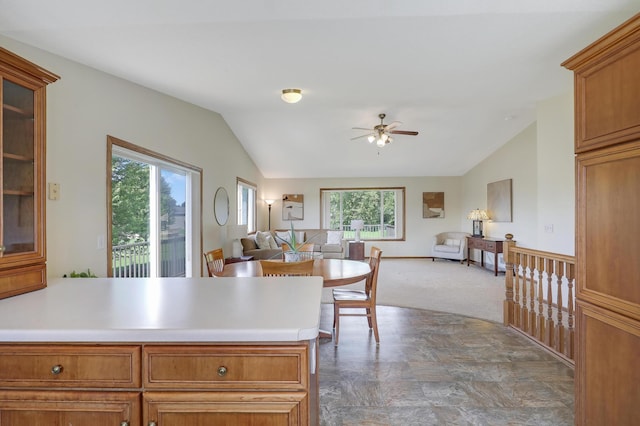 205 4th St NW, Saint Michael, MN 55376 - kitchen featuring vaulted ceiling, a ceiling fan, plenty of natural light, open floor plan, and light countertops