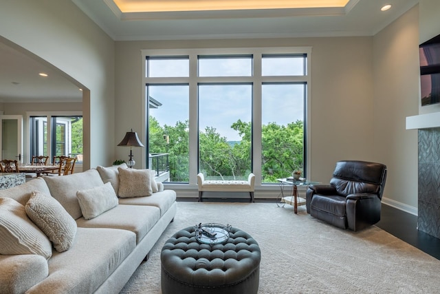 1500 Weatherhill Ridge Ct SW, Rochester Twp, MN 55902 - carpeted living room featuring crown molding, recessed lighting, arched walkways, and a raised ceiling