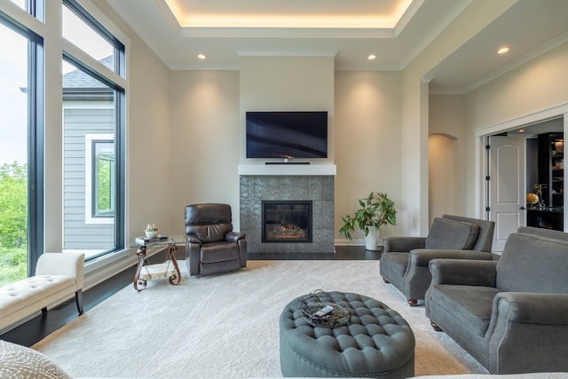 1500 Weatherhill Ridge Ct SW, Rochester Twp, MN 55902 - living area featuring crown molding, a tile fireplace, arched walkways, recessed lighting, and a tray ceiling