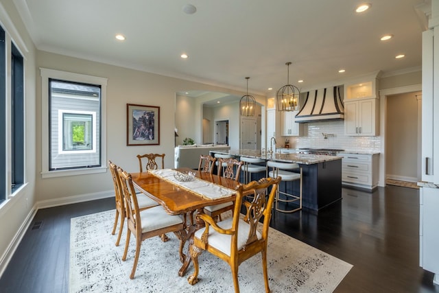 1500 Weatherhill Ridge Ct SW, Rochester Twp, MN 55902 - dining space featuring ornamental molding, dark wood-type flooring, recessed lighting, and a chandelier